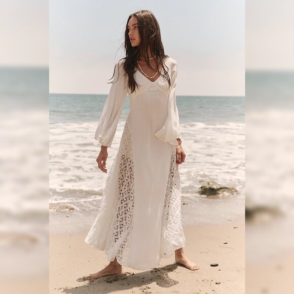 Free people Hazel Maxi Dress L 10 Women's Bell Sleeve Maxi Ivory Dress NWT 45079 - Picture 1 of 5